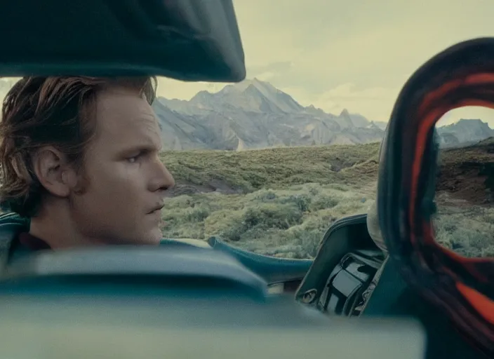 Prompt: a very high resolution image from a new movie, starlord. driving around. inside of a car. mountains, polaroid, directed by wes anderson