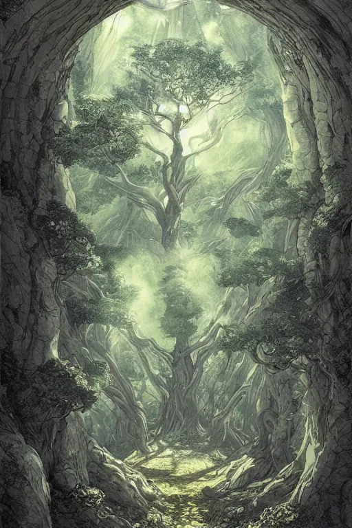 Image similar to sacred ash tree, stone temple interior, circle of power, mysterious, dramatic lighting, wide angle, highly detailed, in the style of alan lee and moebius