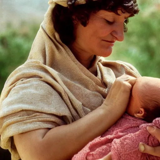 Image similar to film still of 80 year old sentimental Mediterranean skinned woman in ancient Canaanite clothing holding a newborn baby, crying, awe, love, ancient interior tent background, Biblical epic movie