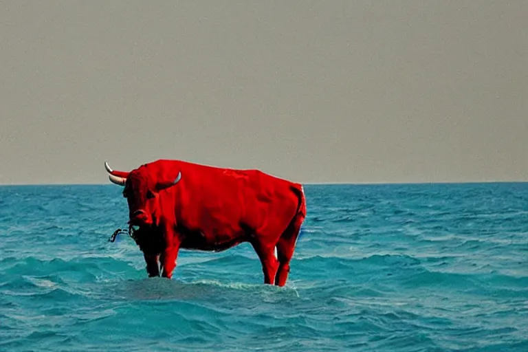 Prompt: red!!! bull in the ocean