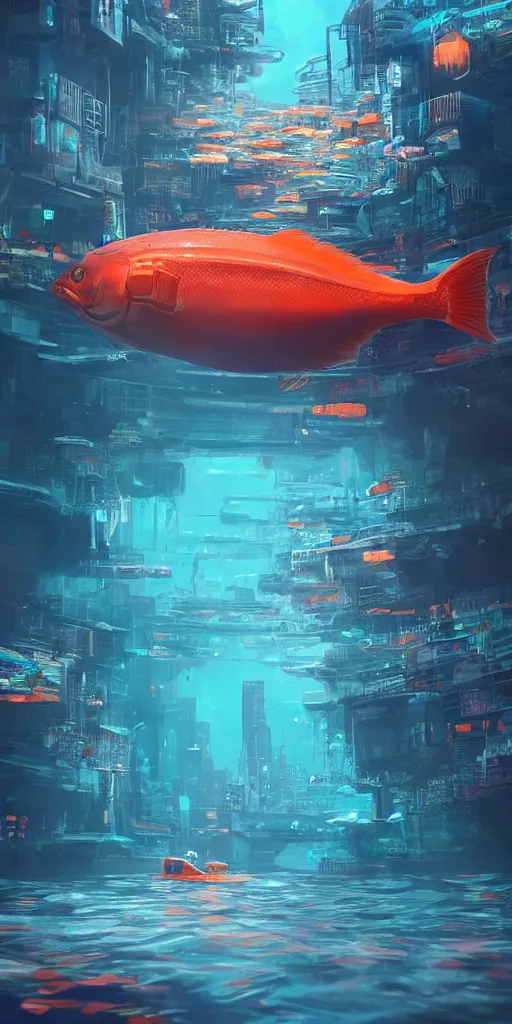 Image similar to <https://s.mj.run/MsBSq5obAXY> Asian boat floating on :: an underwater cyberpunk neon city:: futuristic :: large orange fish under water:: artstation:: Thomas dubois:: trending on artstation