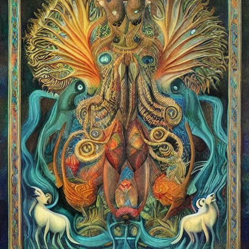 Image similar to strange mythical beasts of whimsy, surreal oil painting by ronny khalil and leonora carrington, drawn by ernst haeckel, as an offering to zeus