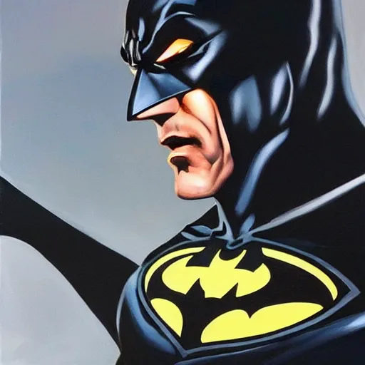 Prompt: An ultra-realistic painting of Batman in the style of Alex Ross. 4K. Ultra-realistic. Highly detailed. Dark Fantasy. Epic lighting.