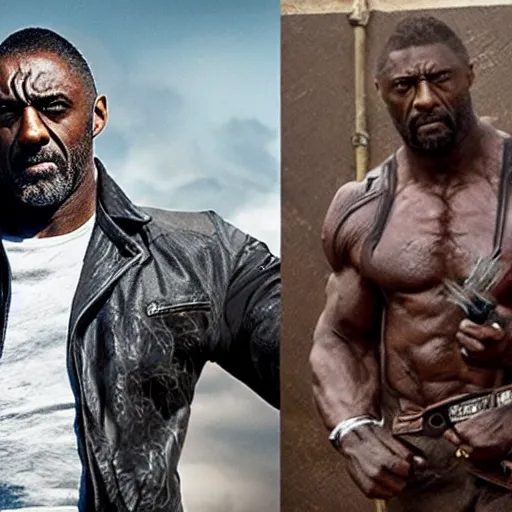 Image similar to film still of Idris Elba as Wolverine with adamantium claws in new Logan movie, cinematic