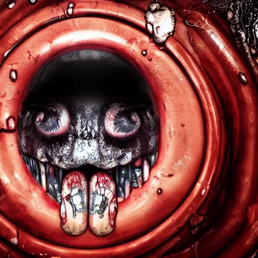 Image similar to realistic, wet humanoid alien, long textured tongue, dripping acid saliva, smoke, mouth in mouth, 8 alien eyes, metallic fangs, thin red veins, grey snake scale skin, cinematic light shadows, slimy reflections, crawling in a sewer pipe, flashlight lighting, insanely detailed