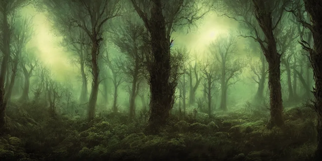 Prompt: beautiful matte painting of a fantasy dark forest at night