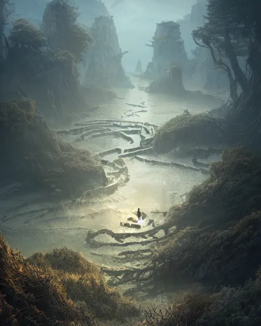 Image similar to a huge maze with several different environment, forest, sea, fire, wind, sand, environment art, fantasy art, landscape art, in the style of greg rutkowski, illustration, epic, fantasy, intricate, hyper detailed, artstation, concept art, smooth, sharp focus, ray tracing