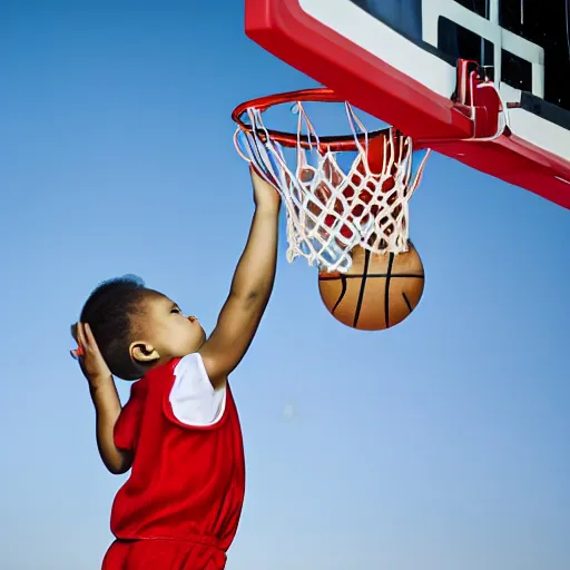 Image similar to a baby dunking a basketball, dramatic action photography, 8k