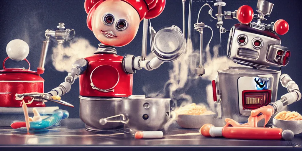 Image similar to closeup portrait of tin toy retro robot chef mixing chemicals cooking pastry in a kitchen, depth of field, zeiss lens, detailed, centered, fashion photoshoot, by nicoletta ceccoli, mark ryden, lostfish, breathtaking, 8 k resolution, extremely detailed, beautiful, establishing shot, artistic, hyperrealistic, octane render