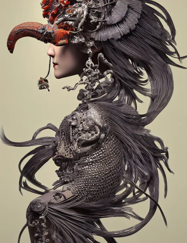 Image similar to 3 d goddess close - up 3 / 4 portrait with ram skull. beautiful intricately detailed japanese crow kitsune mask and clasical japanese kimono. betta fish, jellyfish phoenix, bio luminescent, plasma, ice, water, wind, creature, artwork by tooth wu and wlop and beeple and greg rutkowski