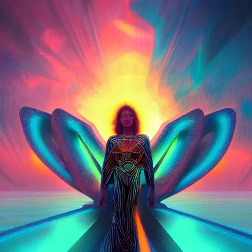 Prompt: psychedelic tron angel in front of a lsd sunset, cliffside ocean scene, diffuse lighting, hyper realistic, elegant, intricate, hyper detailed, smooth, sharp focus, concept art, illustration, trending on artstation, art by artem demura, greg rutkowski, james gurney, and alphonse mucha