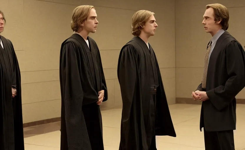 Prompt: anakin skywalker played by hayden christensen wearing jedi robes talking to a lawyer saul goodman wearing a suit in court, better call saul court scene 1 0 8 0 p, jimmy mcgill in court, court session images, realistic faces