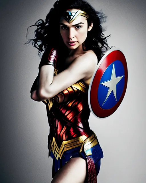 Image similar to A studio photo of Gal Gadot as Wonder Woman holding Captain America’s Shield, bokeh, 90mm, f/1.4 Shot in the Style of Mario Testino
