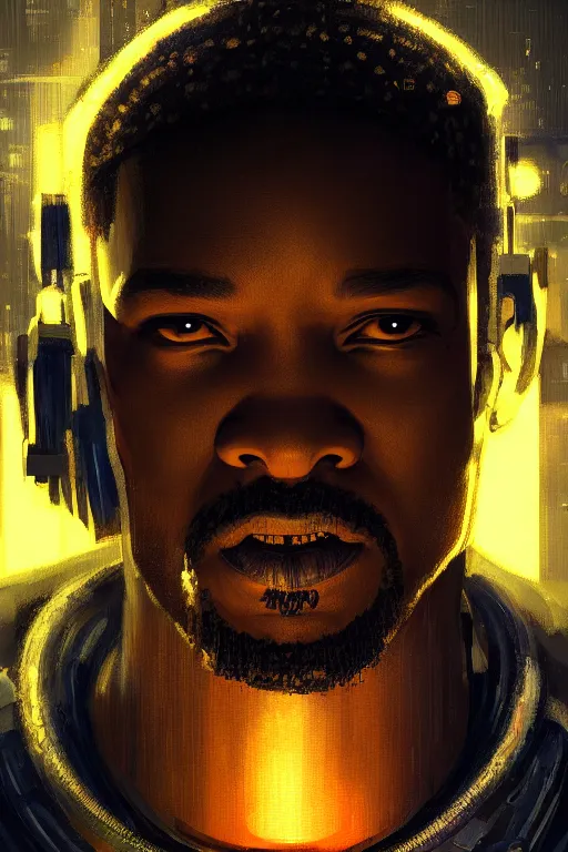 Prompt: portrait of cyberpunk will smith, grim - lighting, high - contrast, intricate, elegant, highly detailed, digital painting, artstation, concept art, smooth, sharp focus, illustration