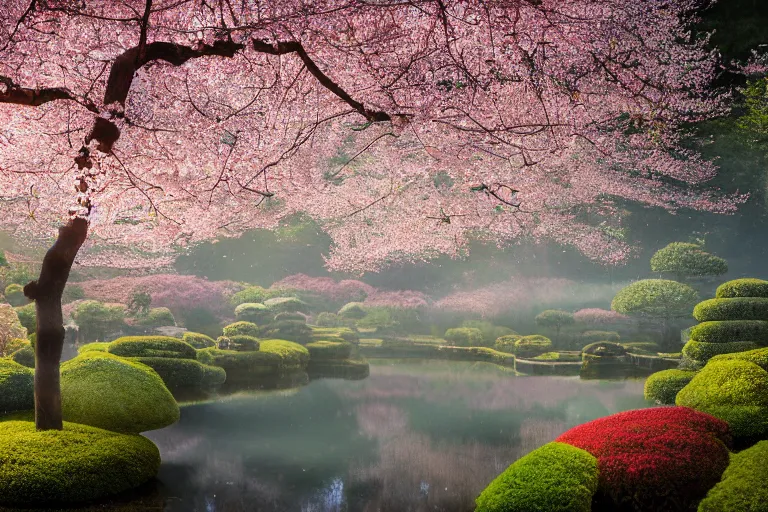 Image similar to masterpiece photography of a japanese garden landscape, with a pond and sakura trees, sakura flowers in the wind, scattered clouds on the horizon, cinematic light, during spring, more atmospheric effects, light fog, dawn rays of light, by Lee Madgwick, Trending on artstation, spring, dawn color scheme, soft colors, 4K, hdr