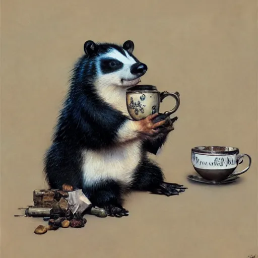 Prompt: Norman Rockwell painting of a fat badger drinking tea, artstation, furaffinity, high res, 4k