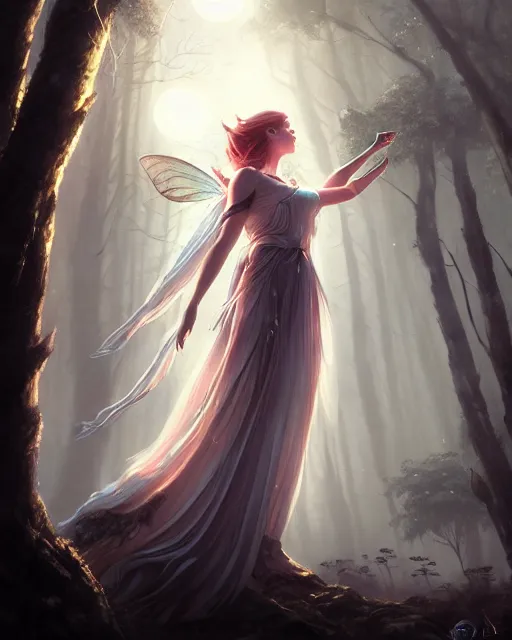 Image similar to attractive fairy goddness fly high in the night, d & d, fantasy, mist, full moon in background, trees, hyper detailed, art by artgerm and greg rutkowski and magali villeneuve, midium shot, 8 k realistic, cryengine, digital painting, trending on artstation, concept art, sharp focus, illustration,