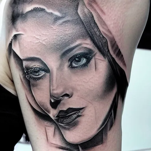 Image similar to realistic tattoo sketch of kate kuray face double exposure effect with a mountain scenery, in the style of matteo pasqualin, amazing detail, sharp