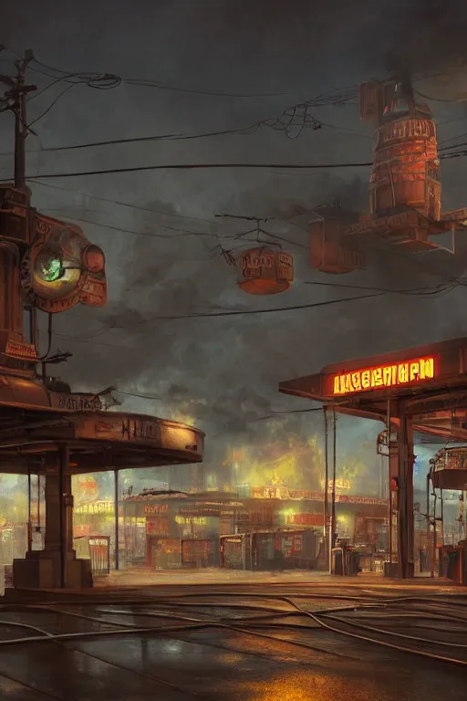 Image similar to a highly detailed matte painting of a soviet steampunk gas station on fire at night by studio ghibli, makoto shinkai, by artgerm, by wlop, by greg rutkowski, volumetric lighting, octane render, 4 k resolution, trending on artstation, masterpiece