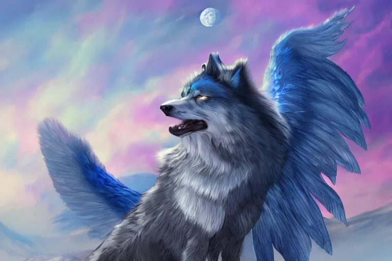 Prompt: Blue feathered wolf with wings on a beautiful fantasy landscape, hills, mountains, visible planets in the sky, pastel colors, post processing, ultra detailed, trending on artstation