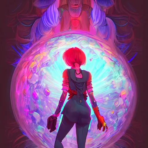 Image similar to skill magic deepdream guard girl from the back radiating a glowing aura stuff loot legends video game artstation lois van baarle, ilya kuvshinov, rossdraws,