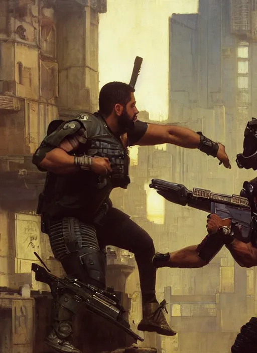 Prompt: big mike fighting javier. cyberpunk meathead wearing a military vest and combat gear. Meathead trying to intimidate cyberpunk hacker. (Cyberpunk 2077, bladerunner 2049). Iranian orientalist portrait by john william waterhouse and Edwin Longsden Long and Theodore Ralli and Nasreddine Dinet, oil on canvas. Cinematic, hyper realism, realistic proportions, dramatic lighting, high detail 4k