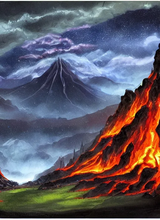 Prompt: The village on the sun under the lava mountains in the lord of the rings lore stylized galaxy and realm of fantasy adventure. Woo hoo I love being fantastical! Landscape scenery painting for an art contest.