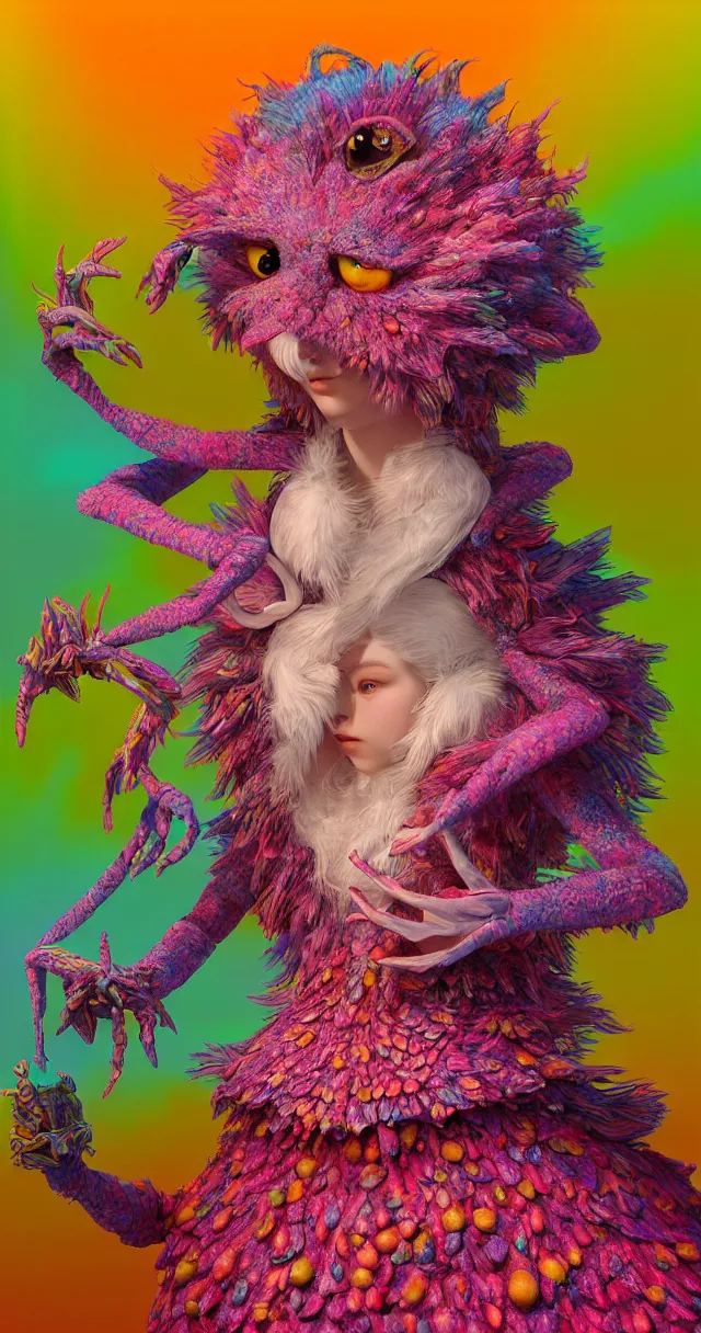 Image similar to hyper detailed 3d render like a Oil painting - kawaii portrait of two Aurora (a beautiful skeksis muppet fae princess protective playful from dark crystal that looks like Anya Taylor-Joy) seen red carpet photoshoot in UVIVF posing in scaly dress to Eat of the Strangling network of yellowcake aerochrome and milky Fruit and His delicate Hands hold of gossamer polyp blossoms bring iridescent fungal flowers whose spores black the foolish stars by Jacek Yerka, Ilya Kuvshinov, Mariusz Lewandowski, Houdini algorithmic generative render, Abstract brush strokes, Masterpiece, Edward Hopper and James Gilleard, Zdzislaw Beksinski, Mark Ryden, Wolfgang Lettl, hints of Yayoi Kasuma and Dr. Seuss, octane render, 8k