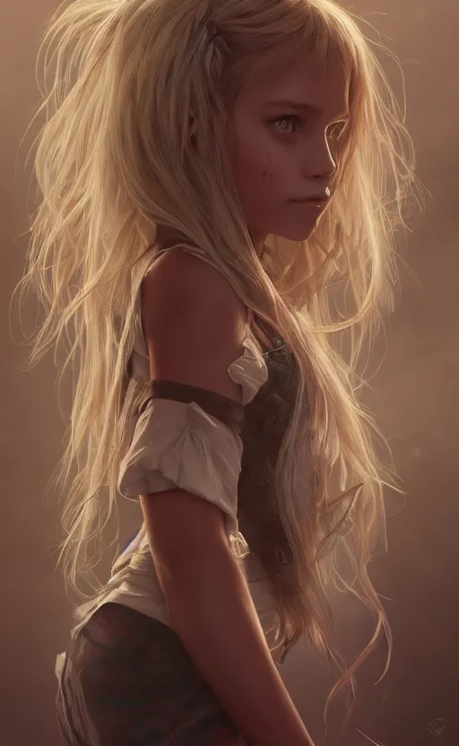 Image similar to full body portrait of a young girl with blond twin tail hair and red eyes, ultra realistic, concept art, intricate details, eerie, highly detailed, photorealistic, octane render, 8 k, unreal engine, art by artgerm and greg rutkowski and alphonse mucha