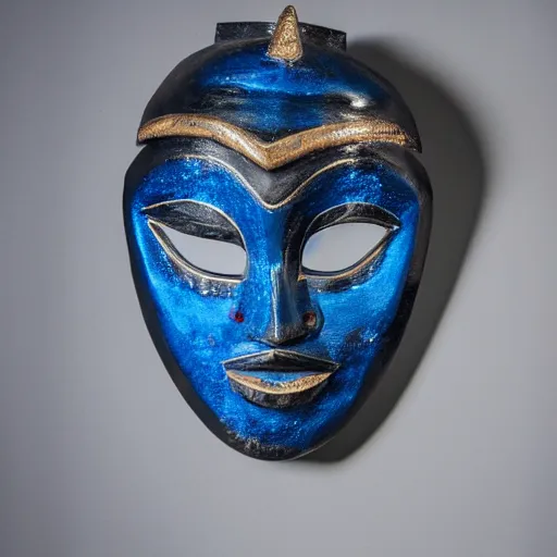 Image similar to a dark African ritual mask with light blue details, realistic, photography