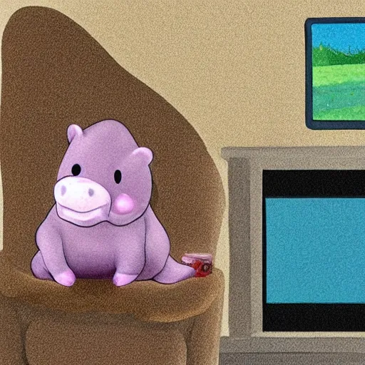 Image similar to a baby hippo lives in a cozy house. it likes to watch tv in the family room. digital art.