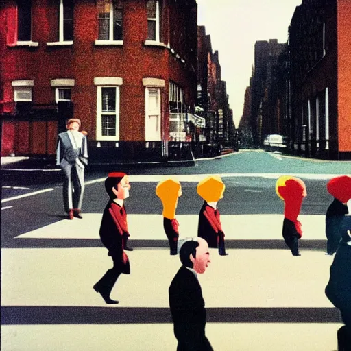Prompt: wide-shot low-angle photo of empty!!! animated clothes (((heads))) walking down the street in New York, polaroid photo, by Andy Warhol, by Rene Magritte