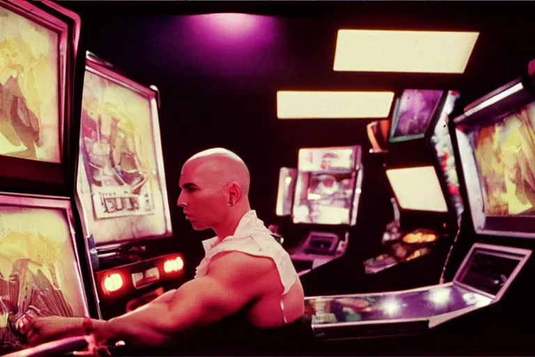 Prompt: pitbull using a computer while trapped in a pinball machine, over the shoulder perspective, in 1 9 8 5, y 2 k cybercore, industrial low - light photography, still from a kiyoshi kurosawa movie