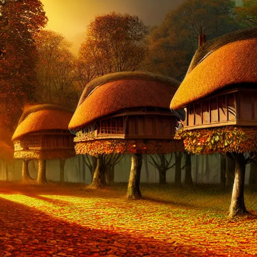 Prompt: a village full of tree houses nestled in a forest, chimneys with puffs of smoke, thatched roofs, golden hour, autumn leaves, ethereal, realistic high quality art digital art