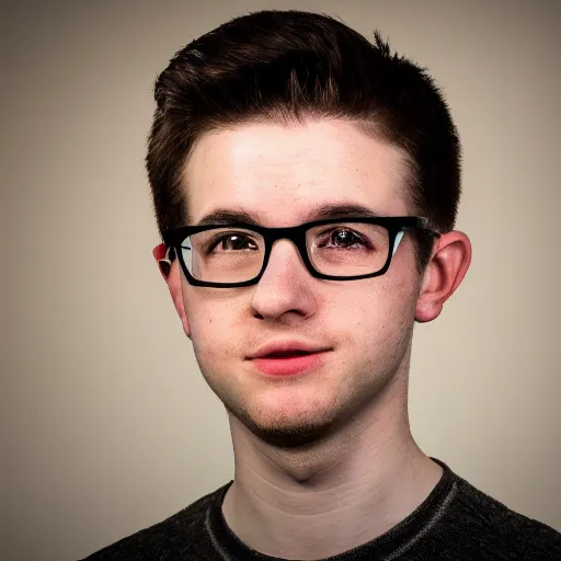 Prompt: An award winning photo of a white 25 year old male with glasses that have rectangular frames and short brown hair. He talks about video games on Youtube. The image has a blue border around it. DSLR camera with a large sensor. Deep shadows and highlights. f/2.8 or f/4. ISO 1600. Shutter speed 1/60 sec. Lightroom