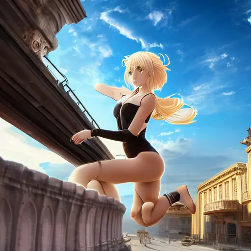 Image similar to blonde - haired princess, anime princess, wearing skinsuit, action pose, parkour, plaza, greco - roman pillars, golden hour, partly cloudy sky, sepia sun, strong lighting, strong shadows, vivid hues, ultra - realistic, sharp details, subsurface scattering, intricate details, hd anime, 2 0 1 9 anime