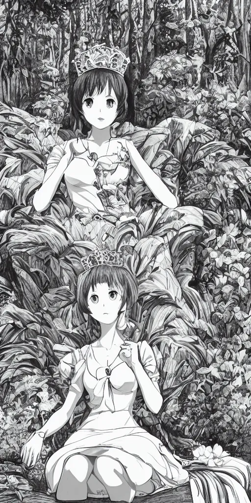 Image similar to landscape shot of a highly detailed queen sitting by herself on a sofa in a forest, drawn by CloverWorks, elegant, beauty, fine linework