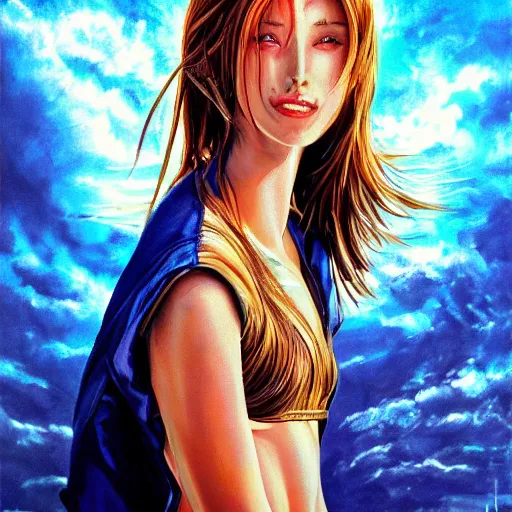 Prompt: sci - fi, morning, smiling fashion model face, sun, cinematic, clouds, sun rays, vogue cover style, poster art, blue mood, realistic painting, intricate oil painting, high detail illustration, sharp high detail, manga and anime 1 9 9 9
