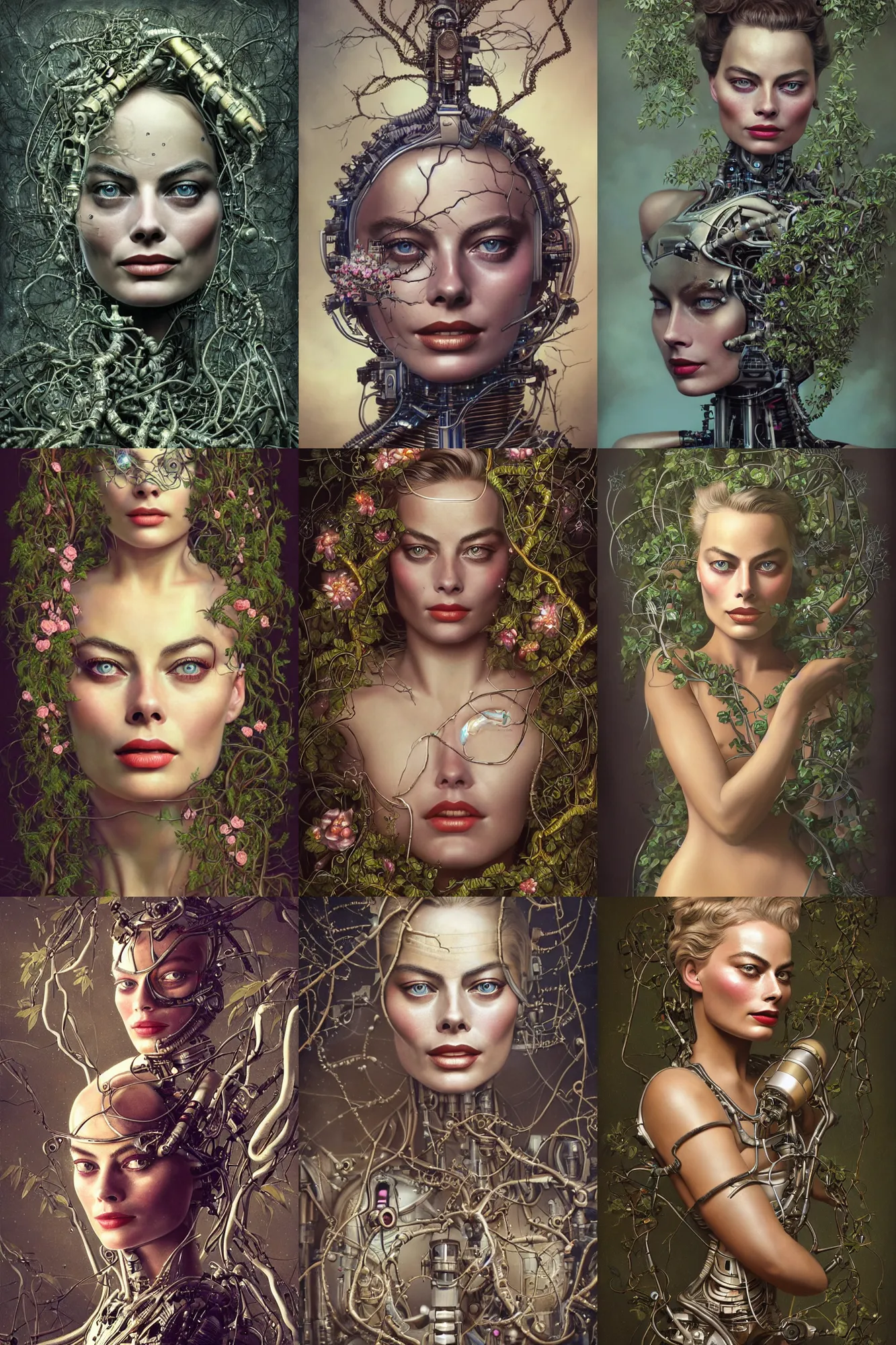 Prompt: a beautiful ultradetailed vintage photo of margot robbie as a cybernetic cyborg, by tom bagshaw and natalie shau, portrait, vignette, 3 5 mm lens, golden ratio composition, detailed faces, studio photography, very detailed, robot overgrown with flowery vines, artstation, 8 k, highly coherent