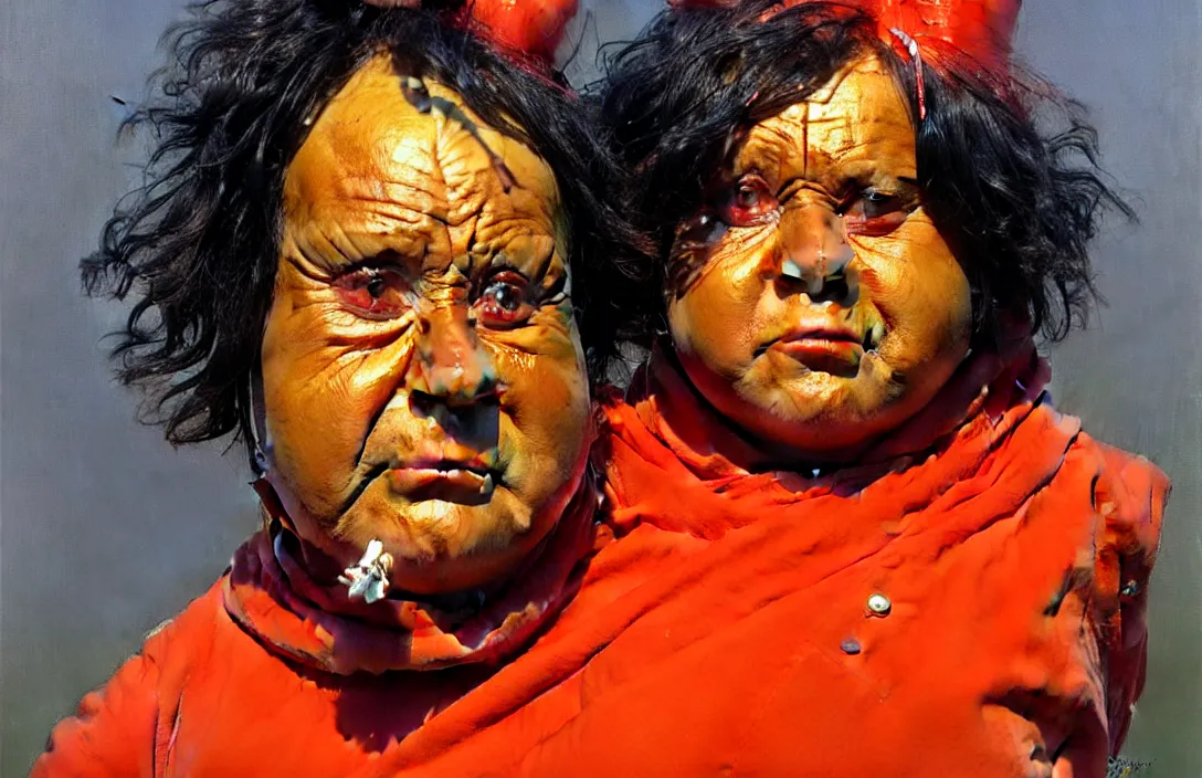 Prompt: portrait of an oompa loompa!!!!!!!!!!!!!!!!!!!!!!!!!!!, detailed face, detailed painting, epic lighting, by ilya repin, phil hale and kent williams