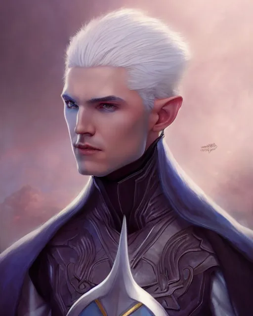 Prompt: character portrait of a ( slender young half elven man with ( white hair ) ( piercing blue eyes ) and ( pale blue skin ) ), wearing sleek pearlescent black armor, by greg rutkowski and mark brookes and jim burns and tom bagshaw and magali villeneuve, trending on artstation