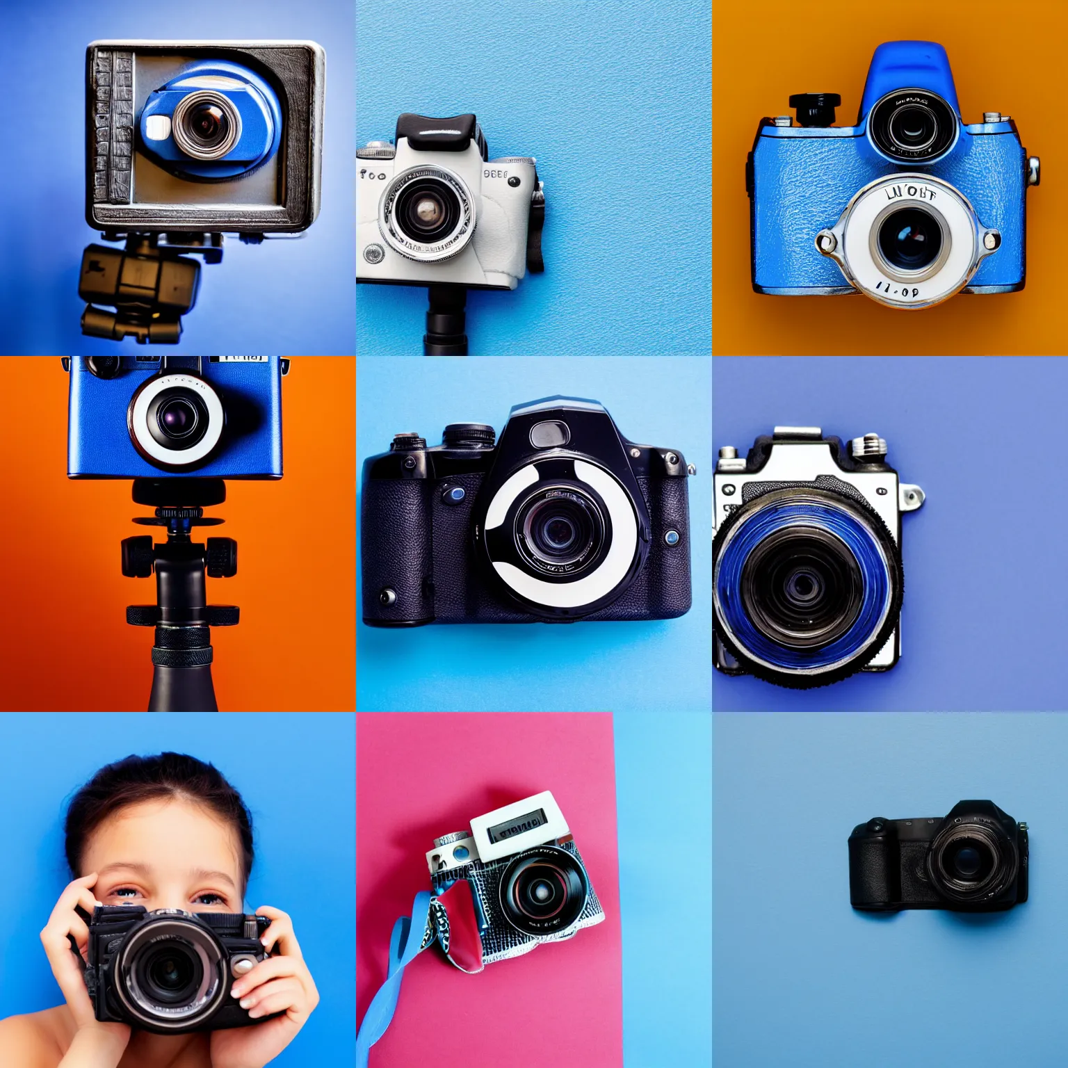 Prompt: a camera on a blue background with a smiling face