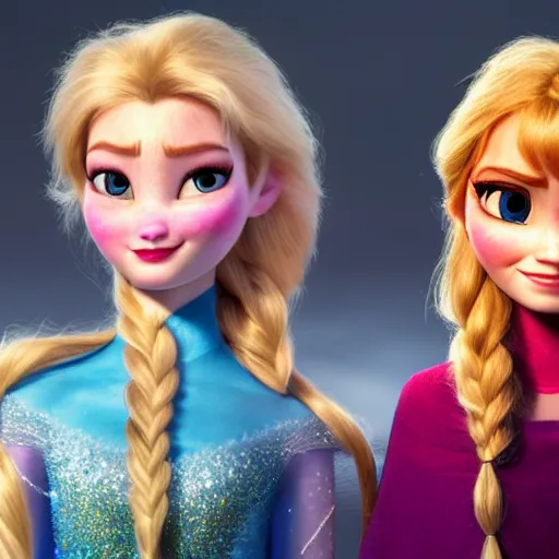 Image similar to elsa & anna in real life, portrait, highly detailed, trending on artstation, hyper realistic, sharp focus, 1 0 0 mm, photograph