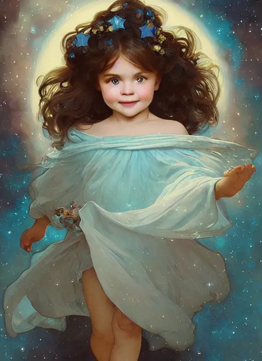 Prompt: a cute little girl with a round cherubic face, blue eyes, and short wavy light brown hair smiles as she floats in space with stars all around her. she is wearing a turquoise dress. beautiful painting by artgerm and greg rutkowski and alphonse mucha