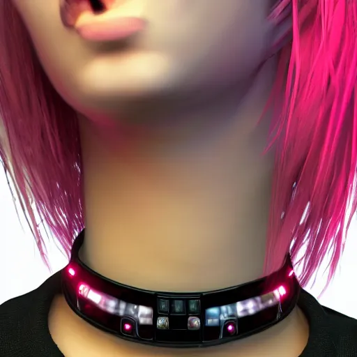 Image similar to detailed realistic cyberpunk female character cyberpunk wearing steel collar around neck, realistic, art, beautiful, 4K, collar, choker, collar around neck, punk, artstation, detailed, female, woman, choker, cyberpunk, neon, punk, collar, choker, collar around neck, thick collar, choker around neck, wearing choker, wearing collar, bright neon punk hair,