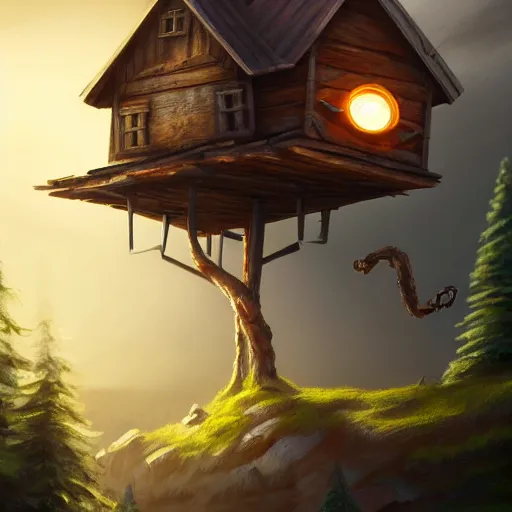 Image similar to a running wood and metal house with two legs and one big eye, rust, hyperrealistic, highly detailed, cinematic, single ray of sun, morning, pareidolia, gravity falls style, disney, beautiful, cgssociety, artstation, 8 k, oil painting, digital art