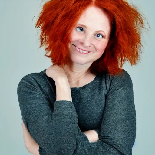 Prompt: A thin, Caucasian red haired woman with an extremely large head in proportion to her face and body, smirking ruefully, professional lighting, portrait shot photography