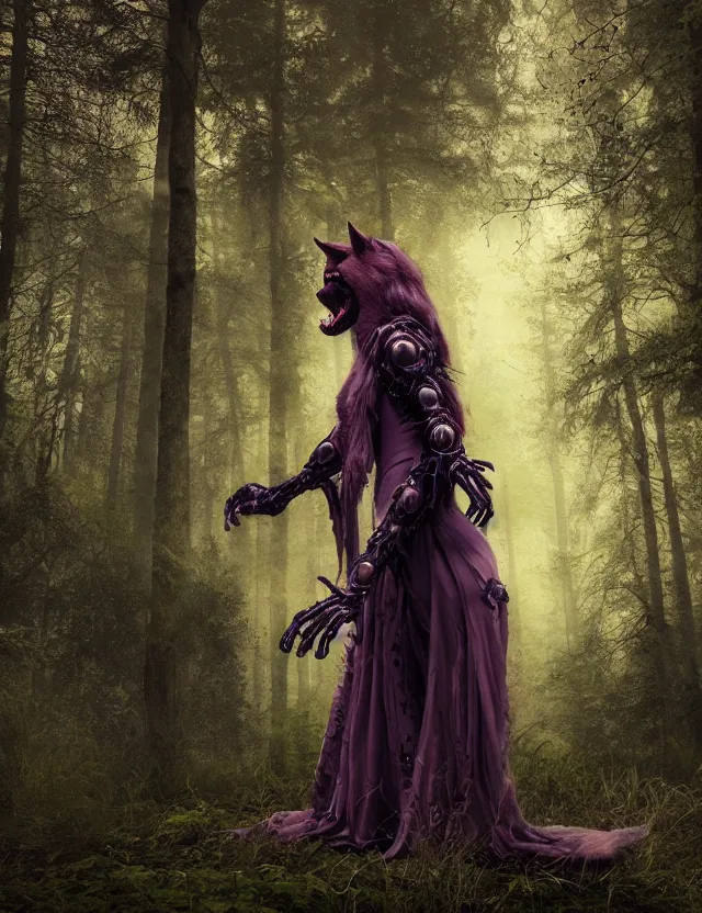 Prompt: draped werewolf priestess with delicate biomechanical components wandering in the woods. safe for work, complementary colors, professional photography, matte painting, 3 d render, 4 k, rimlight.