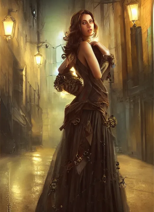 Image similar to a beauty woman walking on a dark city alley, full body, 8 k, hyperrealistic, hyperdetailed, fantasy portrait by laura sava