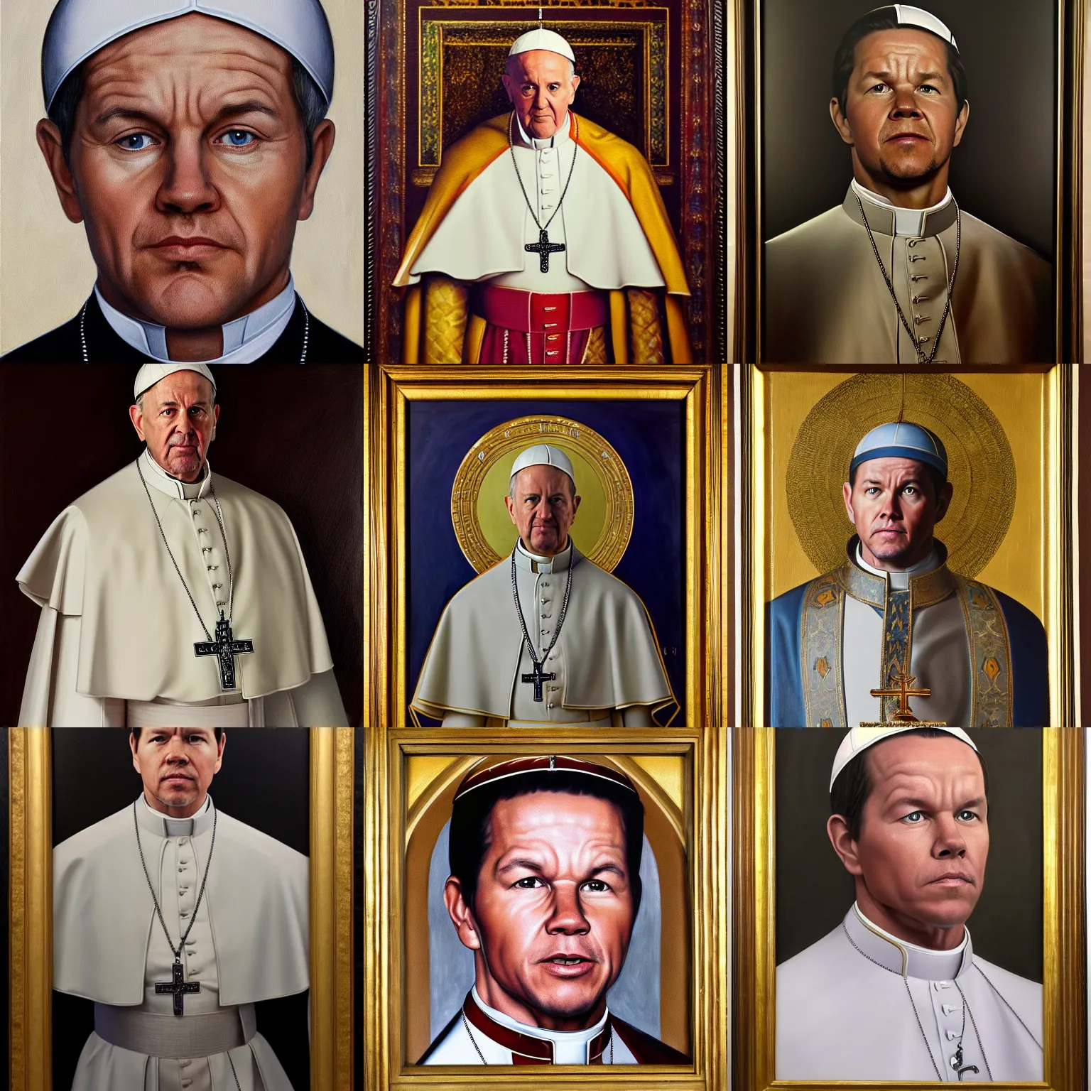 Prompt: official portrait of mark wahlberg as the pope, 1 9 6 5. oil on canvas trending on artstation